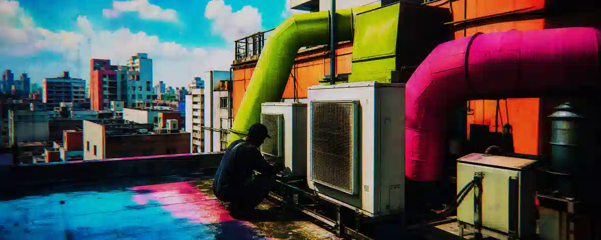 Tecnico revisando equipos HVAC en azotea