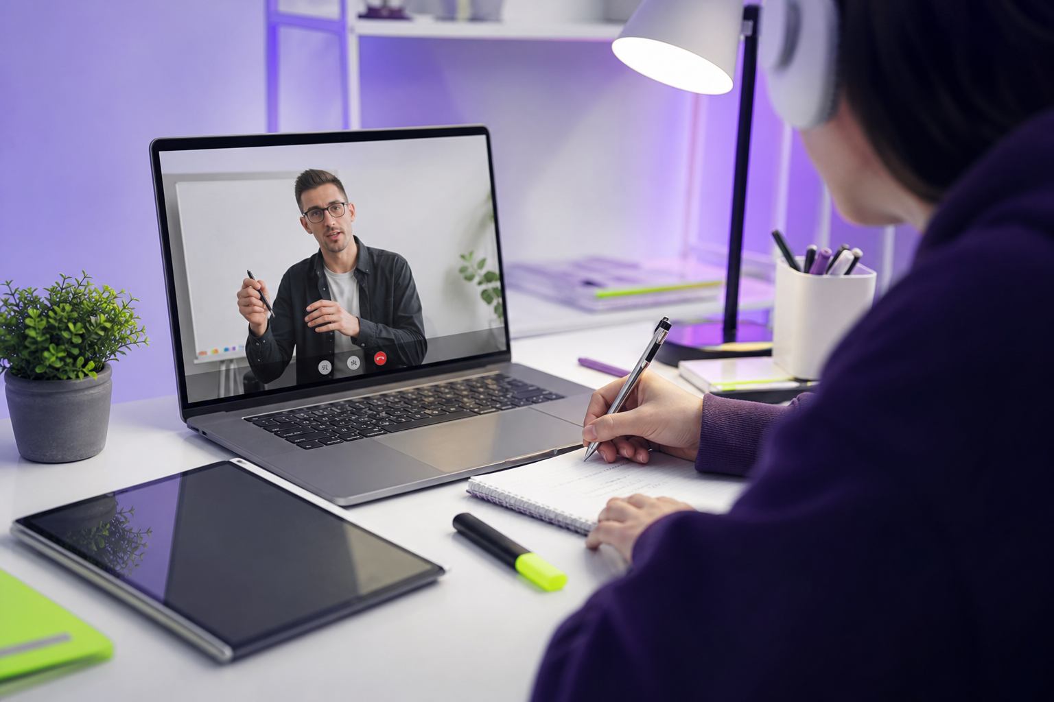 Clase virtual con mentor online y estudiante tomando apuntes