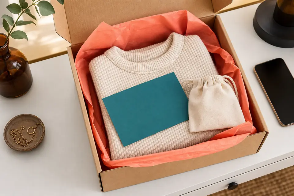 Empaque ecommerce con prenda, tarjeta y caja de envío