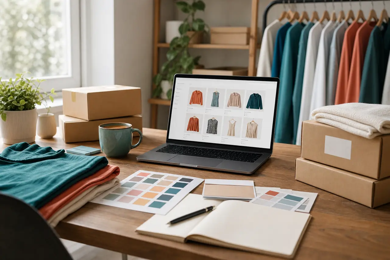 Escena de gestión ecommerce con laptop, productos y paquetes
