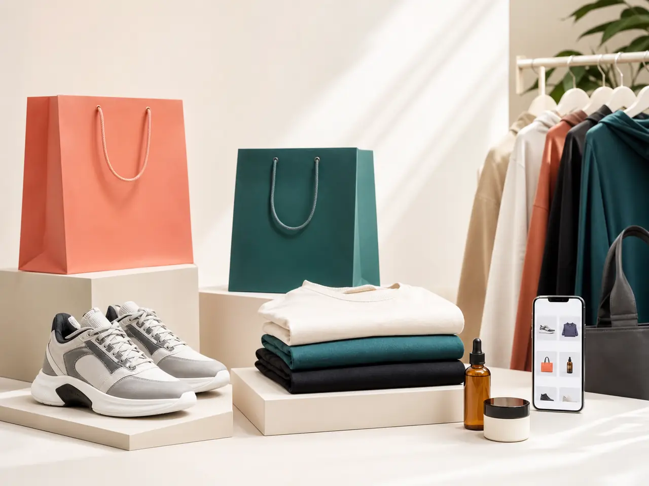 Campaña visual de productos ecommerce con bolsas, prendas y accesorios