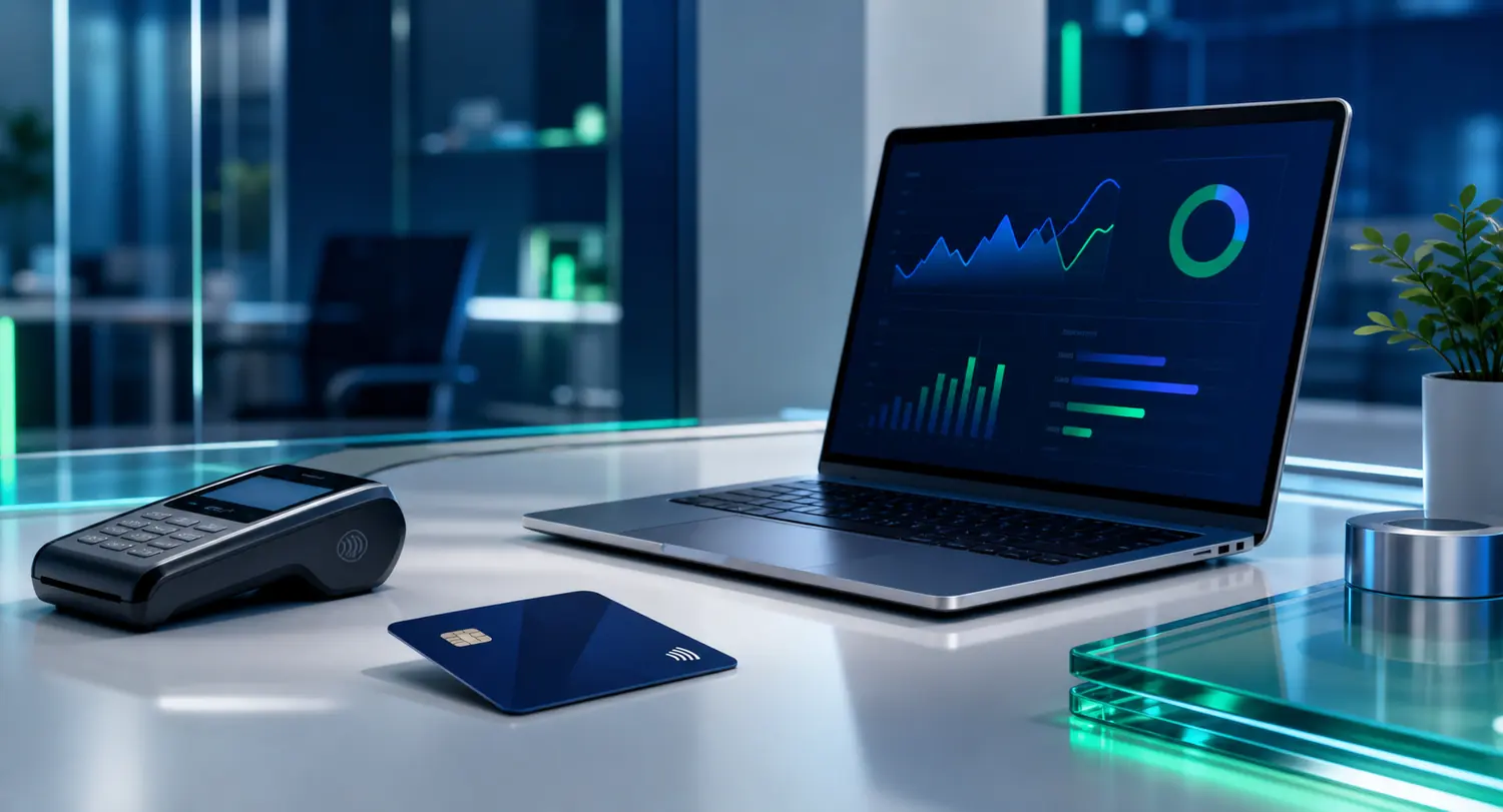 Dashboard fintech con terminal de pagos y tarjeta digital