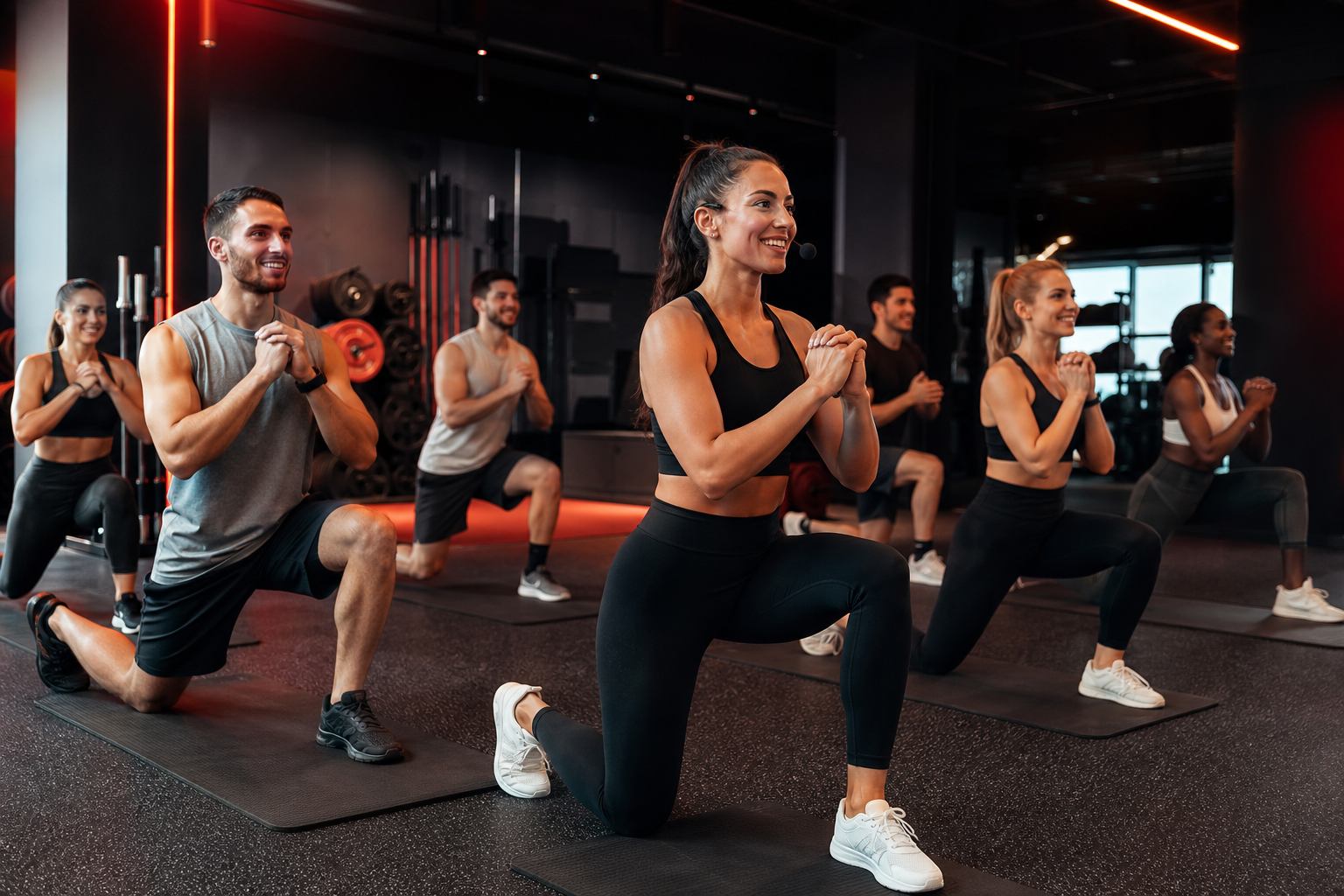 Clase grupal fitness con instructor en estudio moderno