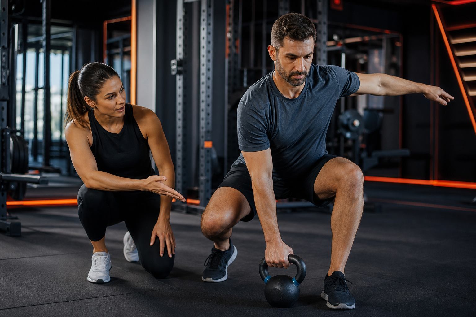 Entrenador guiando entrenamiento funcional con kettlebell