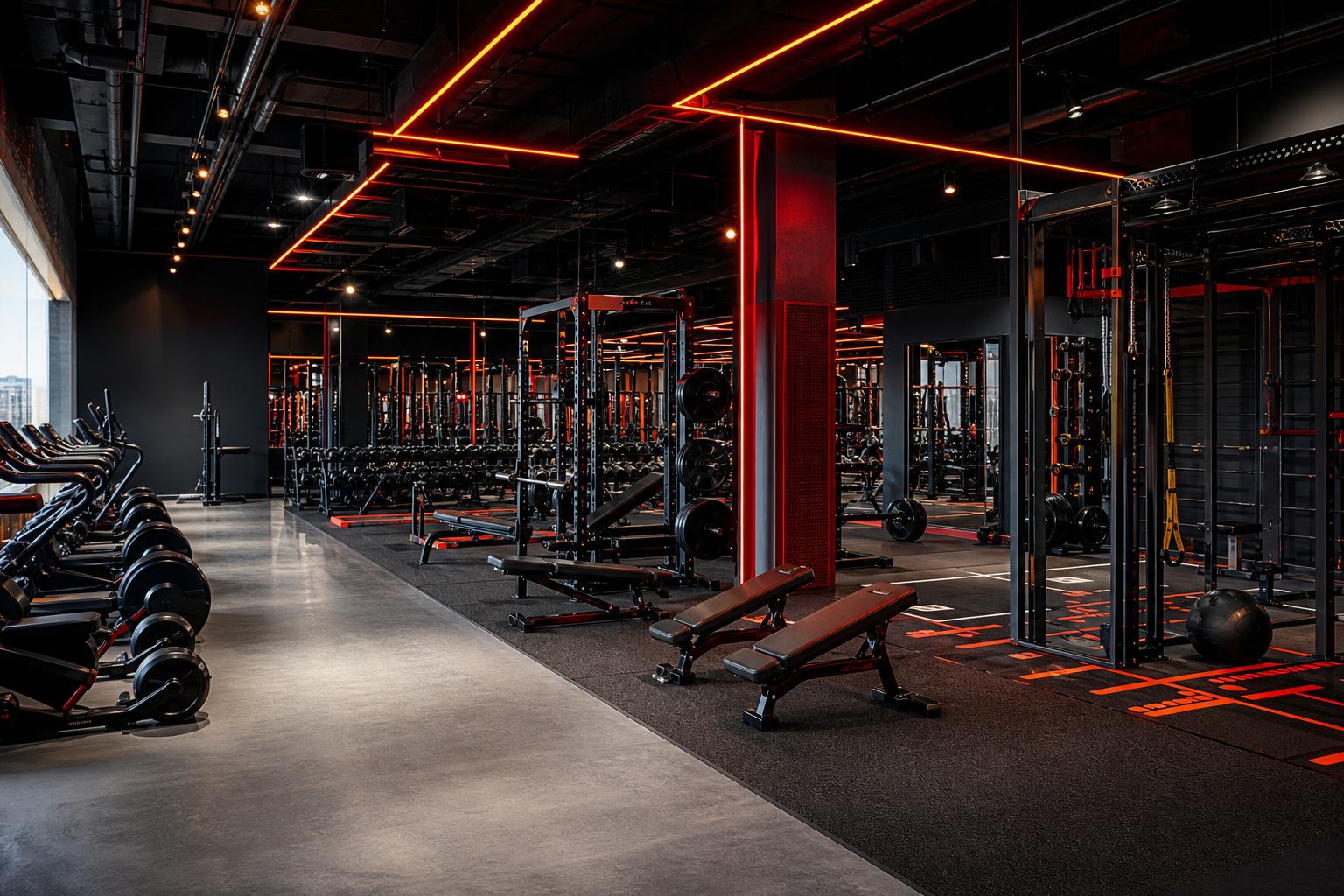 Area de cardio y maquinas en gimnasio moderno