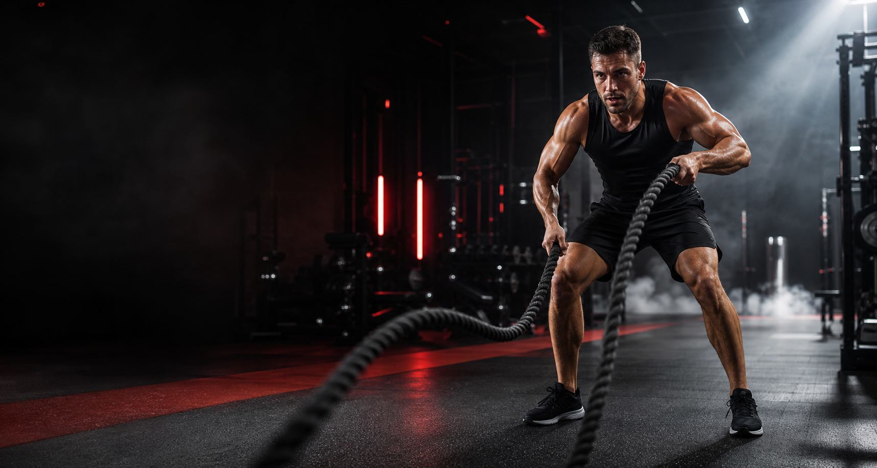 Persona entrenando con cuerdas en gimnasio moderno