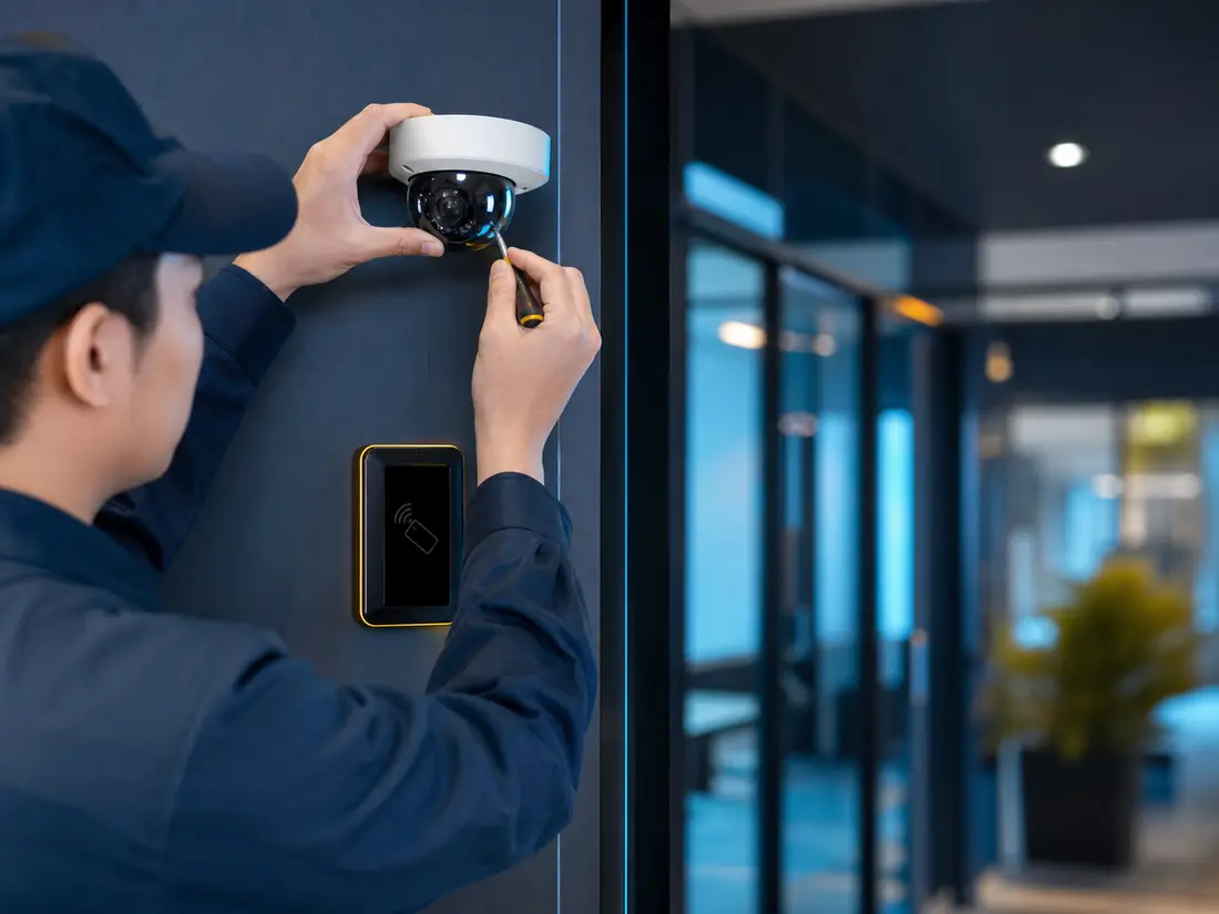 Técnico instalando cámara CCTV y lector de acceso