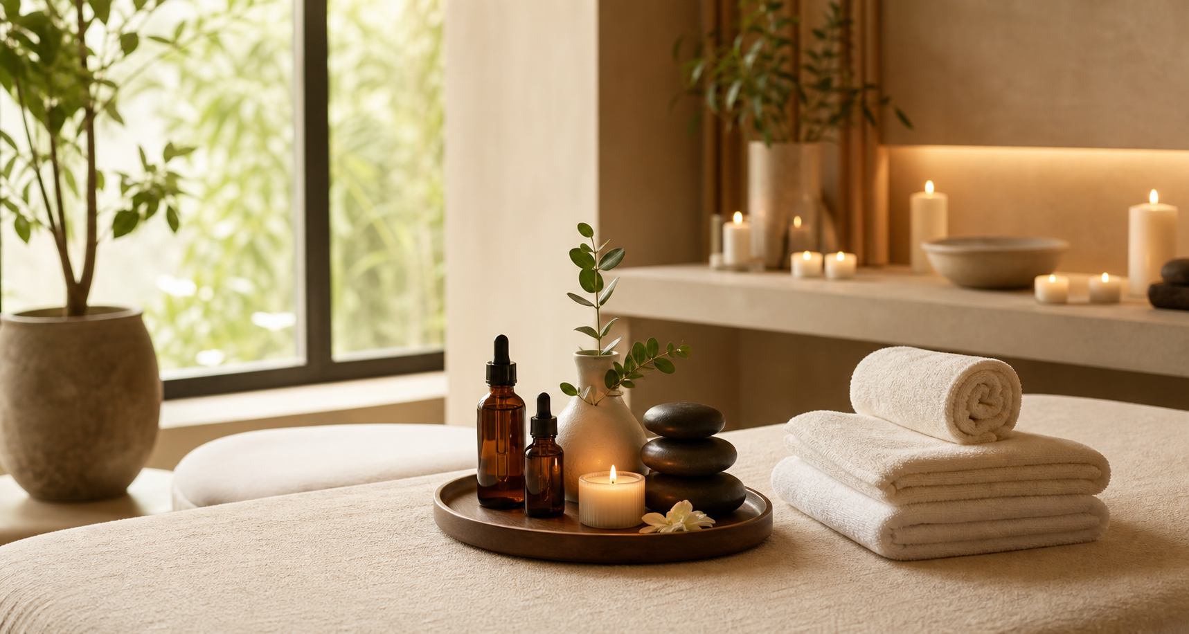 Detalle de ambiente spa con toallas, piedras y aromaterapia