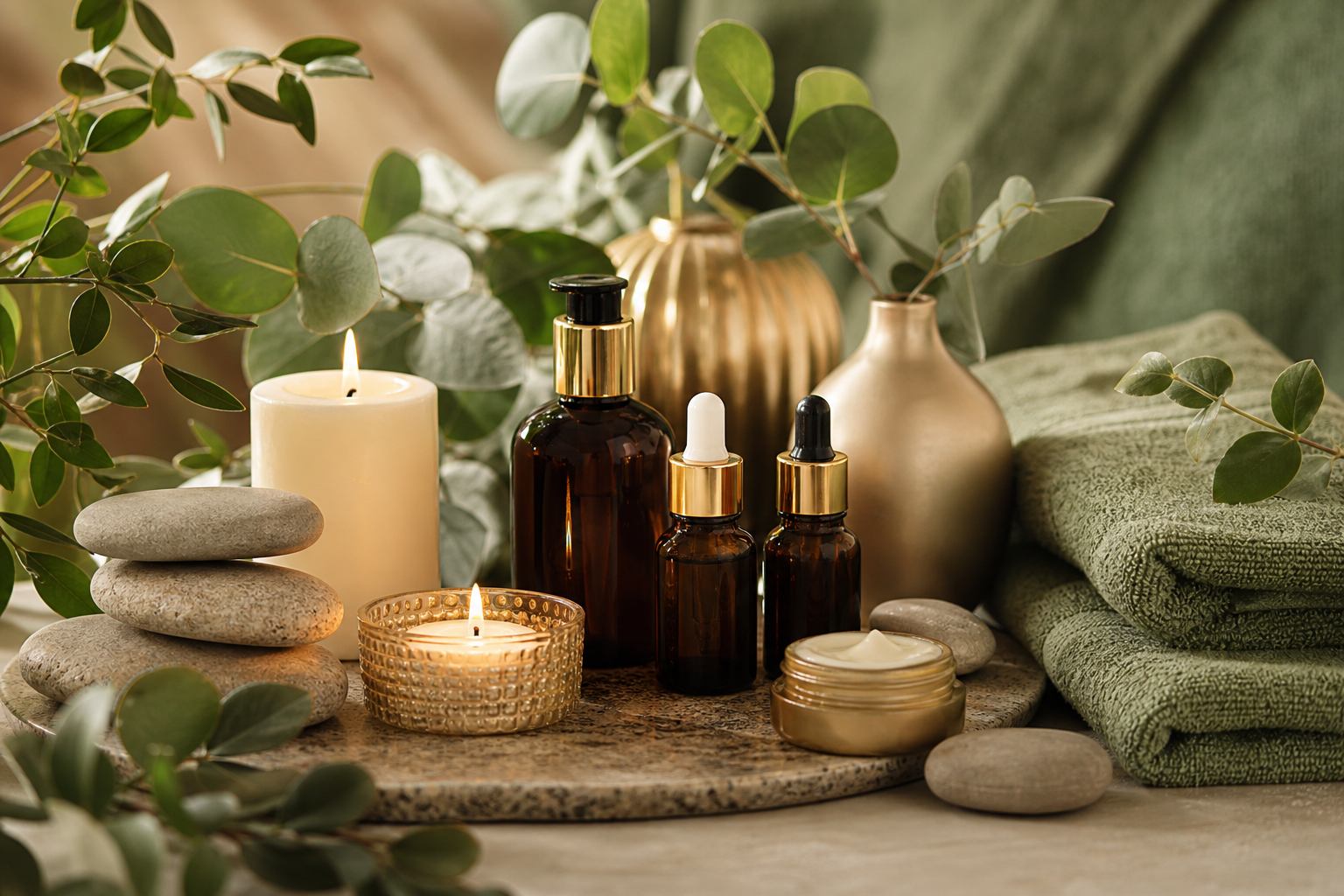 Aromaterapia con aceites, velas y piedras de spa