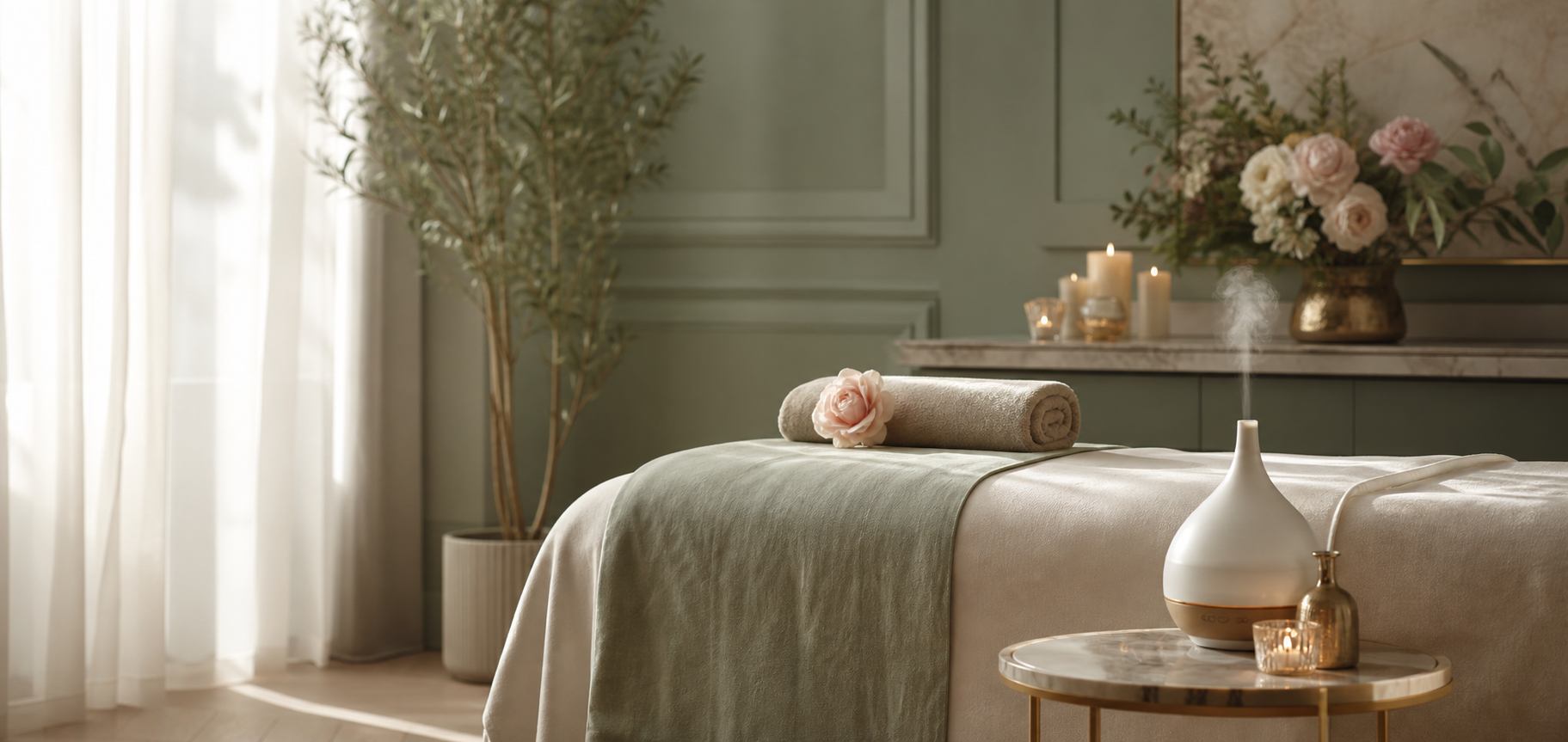 Ambiente premium de spa con camilla, velas y decoracion relajante
