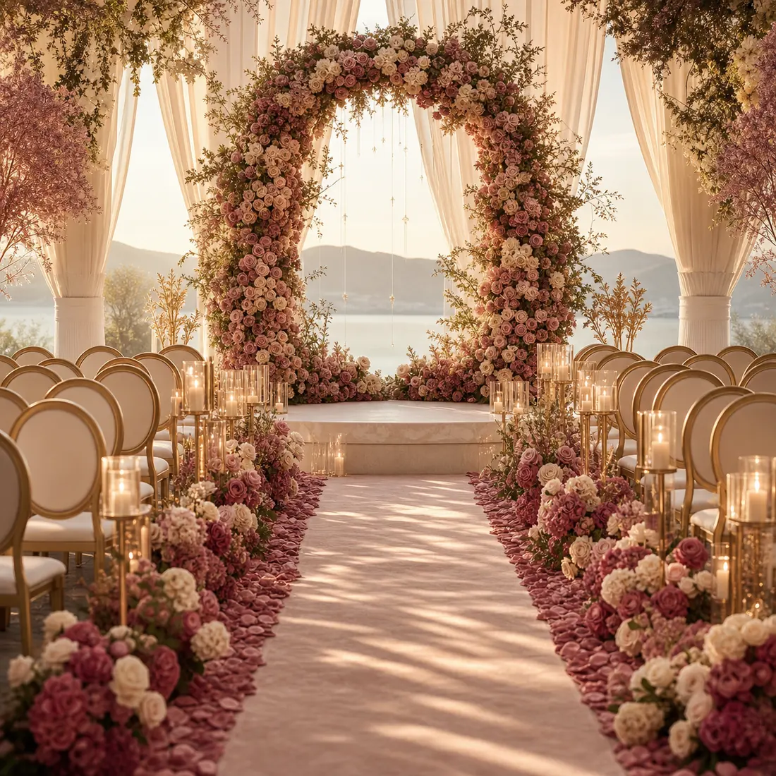 Ceremonia de boda con arco floral, velas y sillas doradas