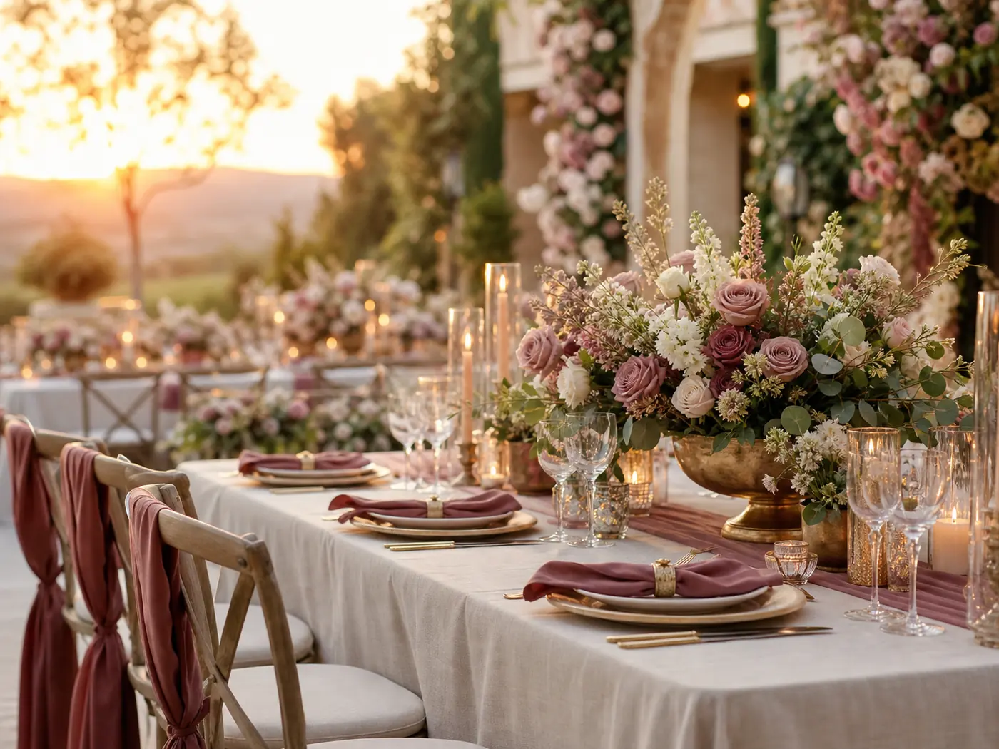 Mesa de boda editorial con flores, velas y detalles dorados