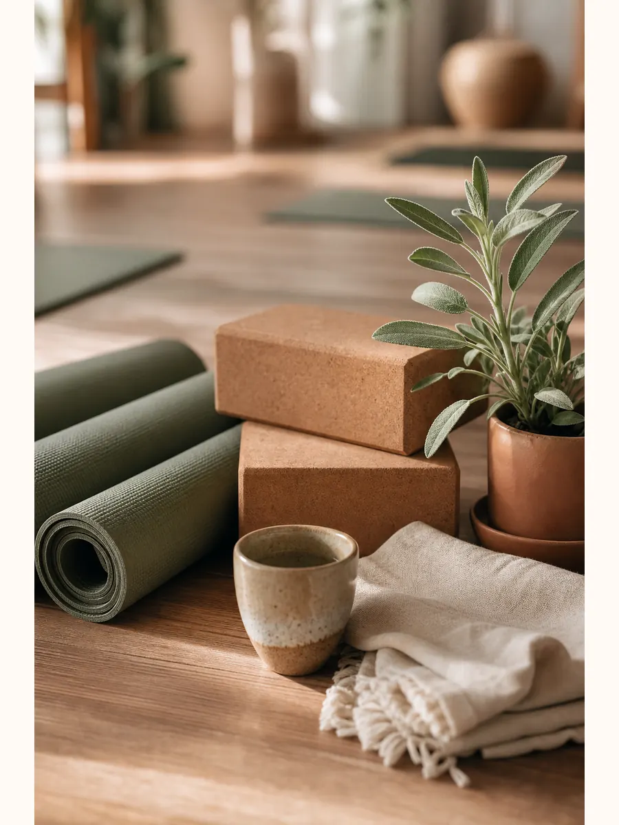 Accesorios de yoga organizados en un estudio boutique